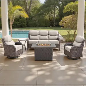 【3 Packages Shipping】Belord 5-Piece Wicker Patio Furniture Set with 50000 BTU Fire Pit Table & 360-Degree Swivel Glider Chairs, Deep Seating Outdoor Conversation Set, NT Series