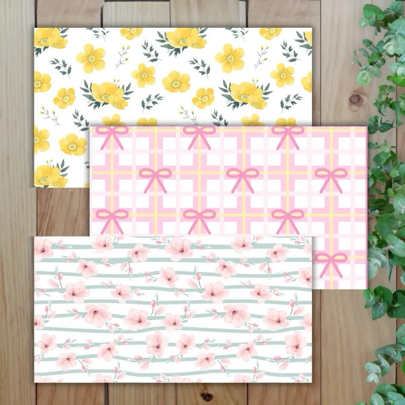Scrapbook Paper Set 1 - 20 Sheets 10 Unique Designs with Yellow Floral Pink Bow and Floral Striped Patterns