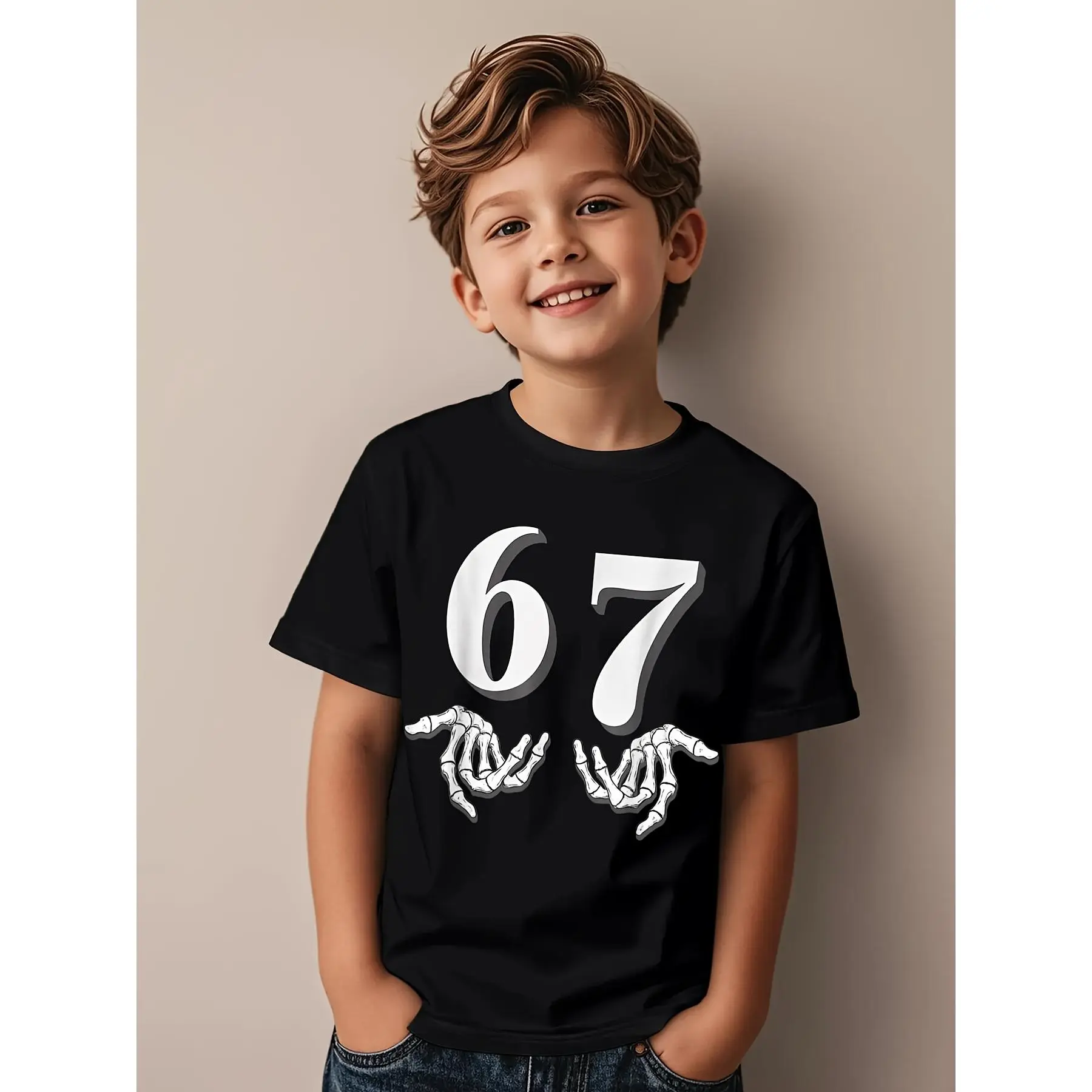 6 & 7 Years Funny 67 Meme T-Shirt - White Short Sleeve Casual Tee with 67 Number & Skeletal Hands Design for Halloween , Party Outfits, Casual Attire - Machine Washable Apparel