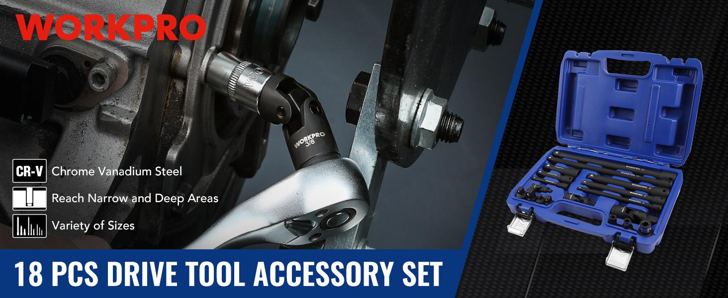 #Summervibes WORKPRO 18-Pack Impact Socket Extension Set, Includes Socket Adapters, Ratchet Extension Set, Socket Extension Bar, Swivel Universal Joints and Impact Coupler, 1/4", 3/8" & 1/2" Drive #Summervibes WORKPRO 18-Pack Impact Socket Extension Set, Includes Socket Adapters, Ratchet Extension Set, Socket Extension Bar, Swivel Universal Joints and Impact Coupler, 1/4", 3/8" & 1/2" Drive
