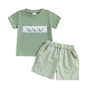Toddler Baby Boy Shorts Outfits Set Duck Embroidery Short Sleeve Tops T-shirts Plaid Shorts 2 Piece Summer Clothes