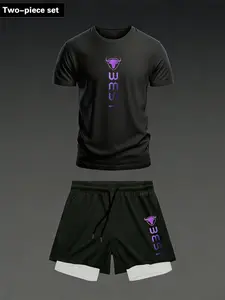 Beast Mode 2-Piece Workout Sports Breathable Outfits | Gym Fit Workout Running Clothes | Quick-Dry, Double-Layer Shorts for Running & Training | Bold Purple Gradient Logo | for the Ultimate Gym Flex!