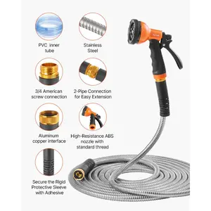 VEVOR Metal Garden Hose 100 ft, Rust Proof Stainless Steel Water Hose, Heavy Duty Backyard Hose with 10 Function Nozzle, No - Kink Flexible Water Pipe, Lightweight Metal Hose for Yard, OutdoorVEVOR Super Brand Day