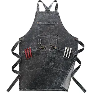 Denim Apron With Pockets,Distressed Jean Apron,Hairstylist Aprons,Denim Work Apron - Washing Style | Adjustable XXL