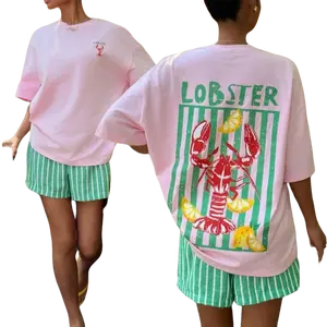 Muchica Women's Casual Beach Vacation Loose Raglan Tee With Lobster Stripe & Letter Print, Summer Beach T-Shirt, Pastel Colors, Suitable For Vacation, Graduation Trip, Beach Party, Music Festival