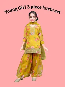 Traditional South Asian Sarara & Garara Soft Fabric 3 Piece Kurta Set for Girls - Elegant Traditional Design with Kurta Top and Bottom - Comfortable Fit for Special Occasions