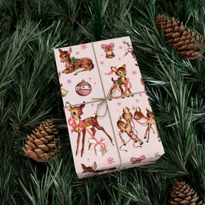 Pink Christmas Wrapping Paper Retro Reindeer Gift Wrap Cute Vintage Reindeer Wrapping Paper Kids Gift Wrap Holiday Wrap Mid Century Modern , Best of gift, Meaningful gift,Wrapping Paper 2025.(Get 1 paper cutter when buying any 5 rolls)