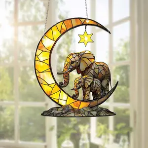 Mama Elephant On Crescent Moon Acrylic Window Hanging, Elephant Window Decor, Elephant Lover Gift, Nature Animal, Friend Gift, Gift for Mom