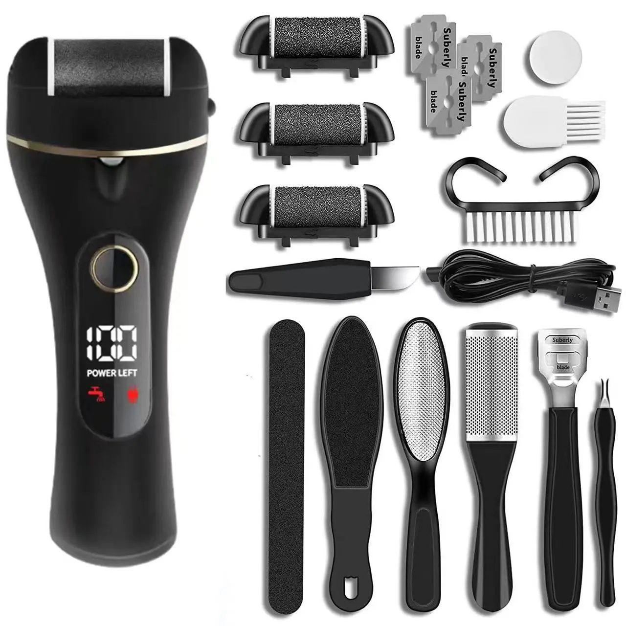 Summer Electric Foot File, Electric Foot Callus Remover Grinder Kit,Rechargeable 14 in 1 Professional Pedicure Tools Foot Care Kit,Dynamic Nail Supply, Personal Care Accessories,3 Rollers