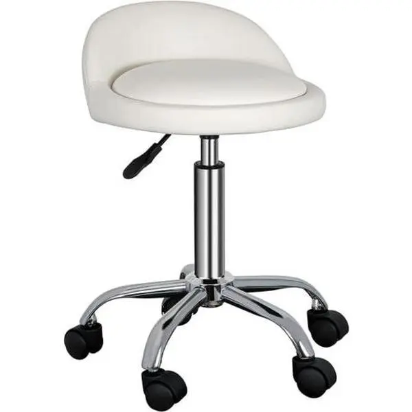 Commercial Salon Swivel Rolling Stool with Wheels - Height-Adjustable Comfy Chair, PU Leather Cushioned Seat, Soft Padded Backrest, Stable Back Stress Relief, for Stylists in Reiki & Tattoo Studios, Stable Relieves Back Stress