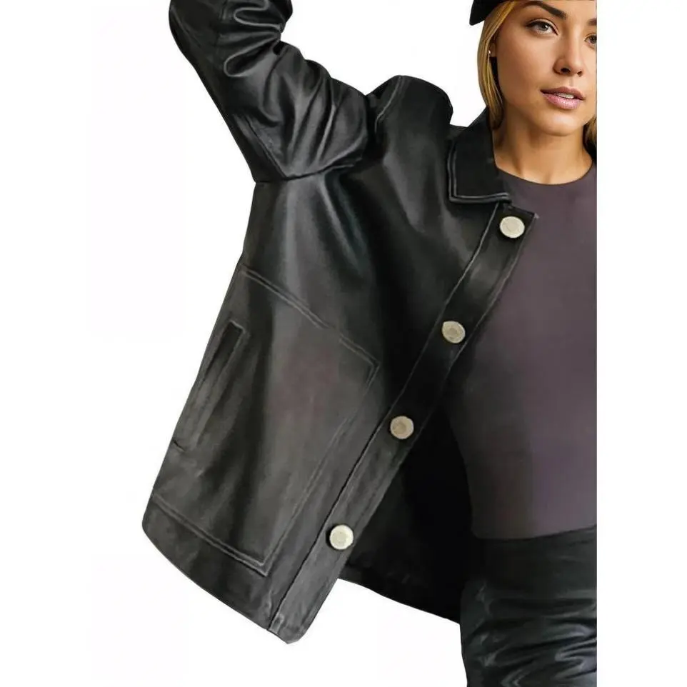 Handcrafted Oversized Sheepskin Leather Trucker Jacket – Stylish & Timeless Womenswear Coats