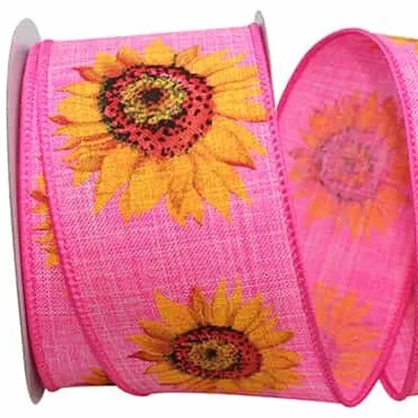 Sunflower Linen Ribbon --- 2.5" x 20 yards --- Pink / Yellow