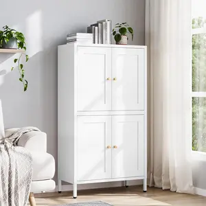 Yizosh Metal Pantry Cabinet,Tall Kitchen Pantry Storage Cabinet with 4 Doors and 2 Adjustable Shelves - 43" White Cupboard Cabinet for Kitchen,Living Room,Dining Room,Home