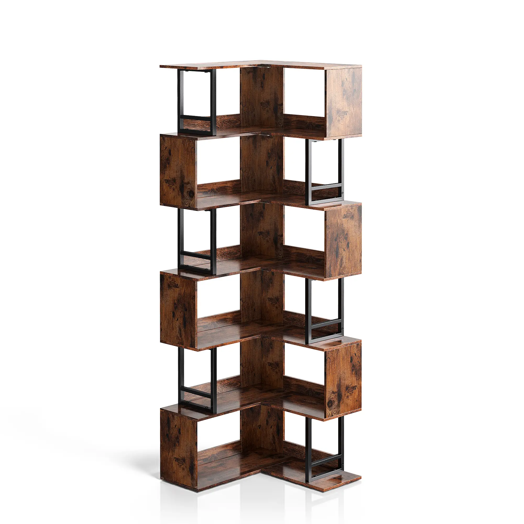 Decofy Large 7-Tier Corner Bookshelf - 71” Industrial Wood & Metal Bookcase for Living Room and Office