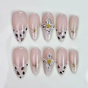 N81 Fall Leopard French Press on Nails Long Almond Nails with Floral & Leopard Print Design White French Tip Fall Nail Art