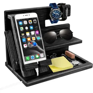 Gifts for Men Wood Phone Docking Station Mens Gifts for Christmas Birthday Gifts for Men or Dad Desk Workspace Organizer Nightstand Organizer Key for Wallet & Watch Holder Xmas Presents for Husband