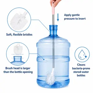 5-gallon water tank cleaning brush, 2-pack bucket brush, water bottle brush, extra long water bottle cleaning brush, water bottle brush, Carboy brush. Bristles flexand compressto .ApplyGentlePressureto InsertPush downslowly andgentlytoinsert brush.