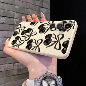 Straight Edge Black Cherry  Pattern Phone Case for Samsung S24 ULTRA PLUS S25 S23 S22 Plus Ultra Shockproof Full Camera Protection Durable Silicone Cover