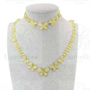 Gold Plated Butterfly Necklace Set 20 Inches & Bracelet 7+1 Inches with Floral Design and Chain Accents  SET-9055
