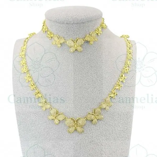 Gold Plated Butterfly Necklace Set 20 Inches & Bracelet 7+1 Inches with Floral Design and Chain Accents  SET-9055