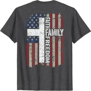 Faith Family Freedom - Christian Vintage USA Flag - ON BACK T-Shirt