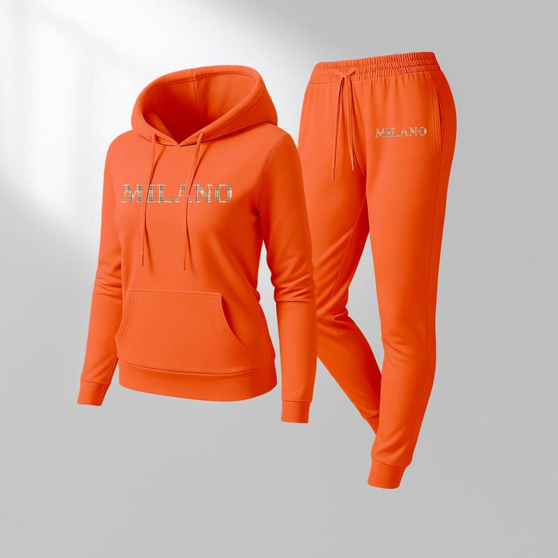 Women's MILANO Print Hoodie And Drawstring Track Pants Set, Casual Sportswear, Long-Sleeved Hooded Jacket And Pants, Suitable For Autumn And Winter, Everyday Wear, Indoor And Outdoor Sportswear, Casual Sportswear.