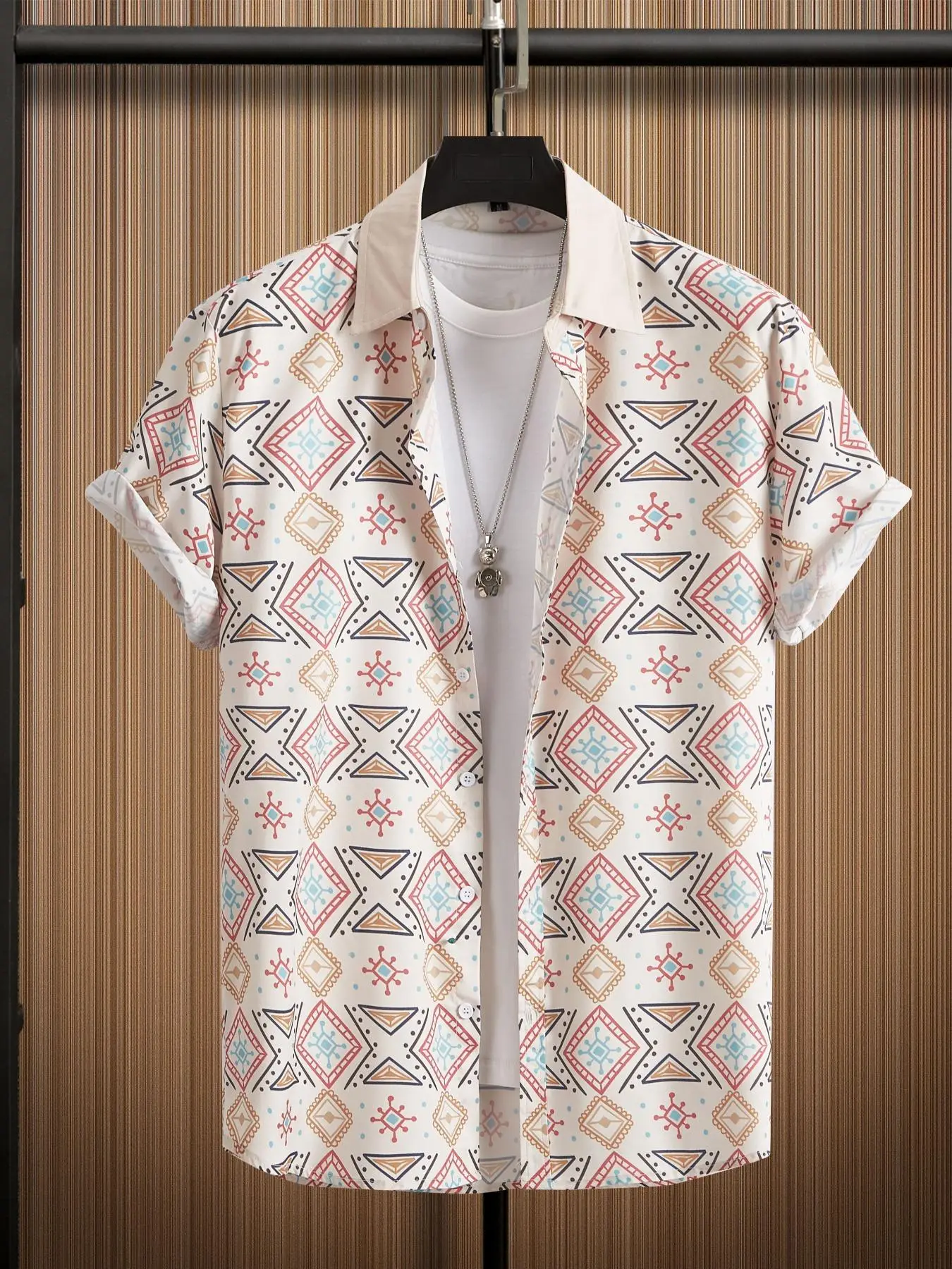 Men's Retro Geometric Print Button Front Shirt, Summer Clothes, Regular Fit Boho Casual Short Sleeve Collar Top For Beach Vacation, Men's Clothes For