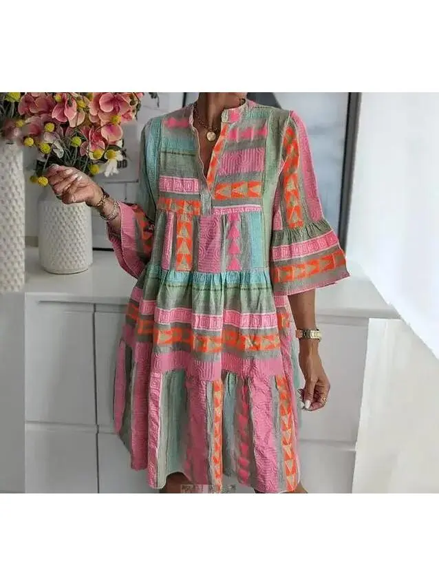Printed V-neck seven quarter sleeve dress