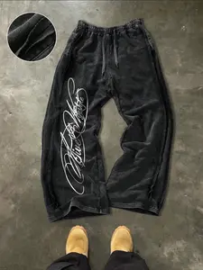 Men's distressed graffiti sweatpants, Sports casual pants, made of cotton with a vintage distressed wash, featuring a 90s style, skateboarding, hip-hop culture, and a minimalist feel, perfect for everyday wear, commuting, or workouts