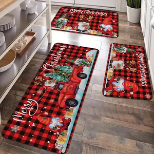 2/3pcs Christmas Kitchen Carpet Floor Mat, Retro Truck Santa Claus Merry Christmas Tree Pattern Anti slip Floor Mat, Soft and Comfortable, Easy to Clean, Suitable for Bedroom, Living Room, Dining Room, Doorway, Bathroom, Laundry Room