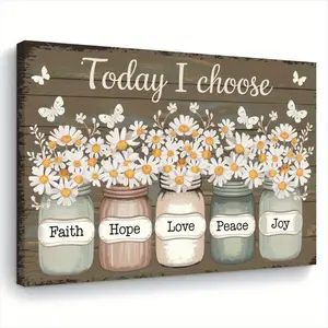 A Wooden Frame Canvas Wall Art - "Today I Choose", White Daisies, Butterflies, Peace Love Print, Faith, Hope, Love, Peace, Joy Bottle - Suitable for Home Decor, Office Decor, Holiday Gift, The Serenity Wall Art