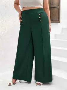 Women's Plus Size Straight Leg Pants, Casual Loose Wide Leg Trousers with Buttons, Suitable for Office Commuting, Middle Eastern Style, Spring