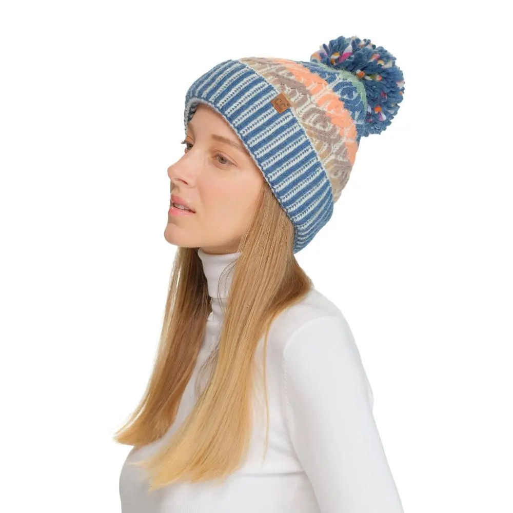 C.C Cable Multi-Color Block Pom Beanie for Women – Elevate Your Winter Look with Cozy Comfort and Bold Color Blocking Style casual knit hat Stretch Fit Bold And Colorful