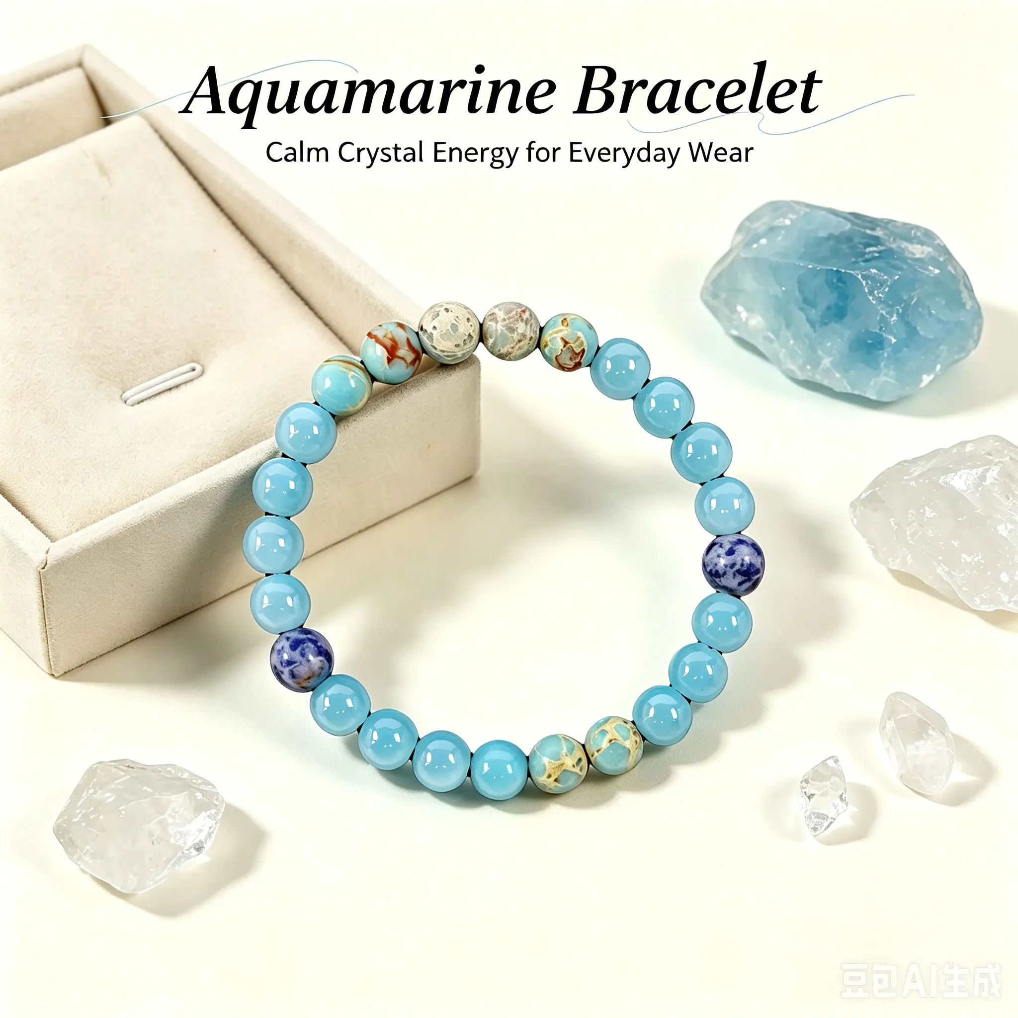 Aquamarine and Shoushan Stone Handmade Beaded Bracelet, Grounding Stone for Inner Peace, Clarity and Courage, Calming Healing Crystal for Daily Wear, Meditation, Yoga and Gift, 8mm Adjustable Unisex