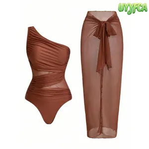 2 Piece Asymmetrical One Shoulder Ruched Mesh Cut Out One Piece Swimsuit, Sheer Chiffon Tie Front Midi Sarong Skirt, High Stretch Quick Dry Fully Lined Swimwear For Women Beach Vacation Pool Party Honeymoon Tropical Travel Summervibes