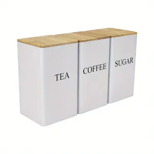 3Pcs TEA, COFFEE, SUGAR three combination sets storage box, spice jar, can store tea, coffee, fruit tea, candy, spices, seasonings, etc., kitchen storage set, equipped with bamboo cover-metal storage container