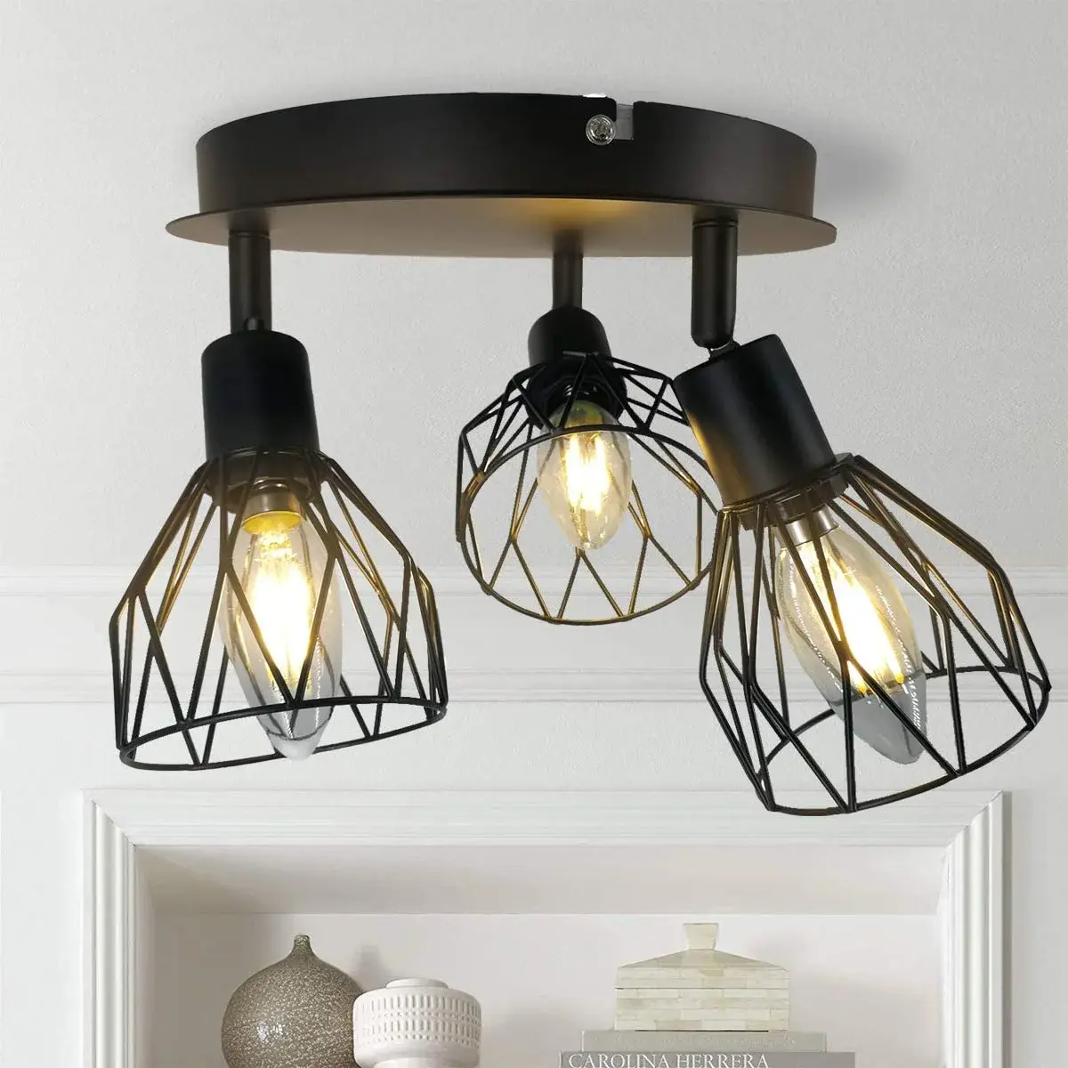 3-Light Industrial Semi-Flush Mount Ceiling Light, Multi-Directional Iron Cage Fixture with 3 Direction Sockets, Wires, Bright Home Lighting for Farmhouse Dining Room, Hallway