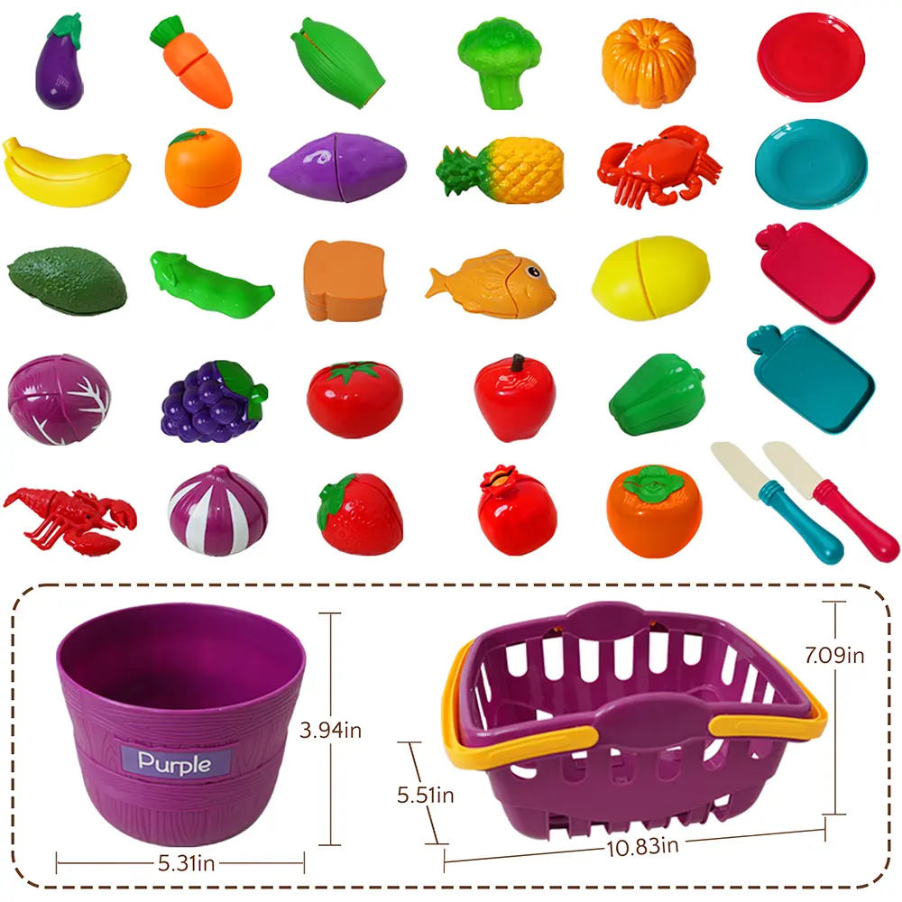 Kids cutting play food kitchen set with fake fruits and veggies, comes with basket, cutting board and knife. Great pretend play educational toy, perfect summer leisure and birthday gift for toddlers.