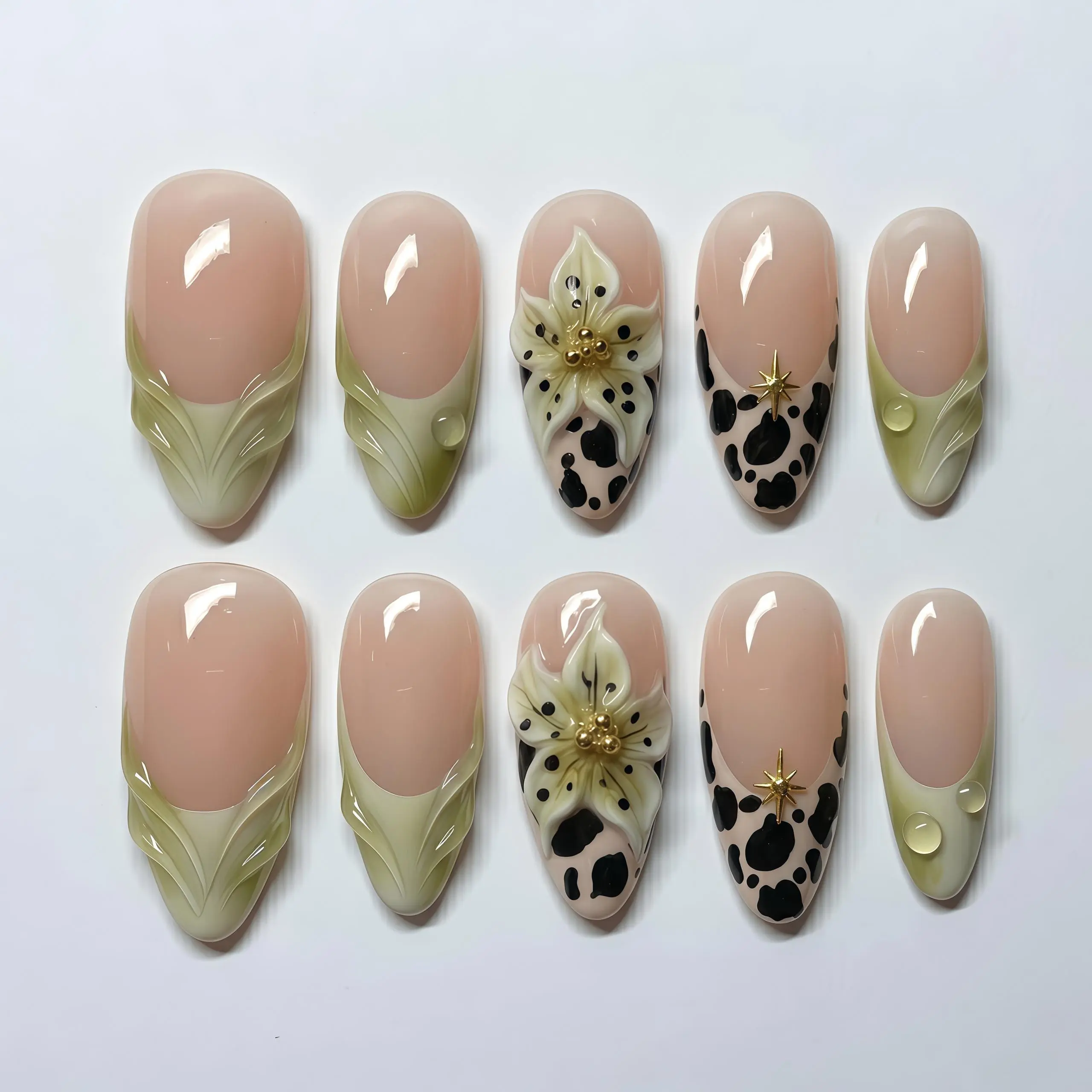 Sage Green French Tip Nails, 3D Flower Cow Print Almond Art, Gold Star Accent