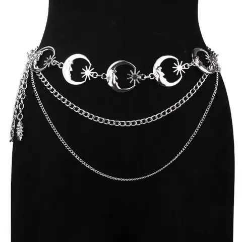 Women's Layered Metal Chain Belt, Gold‑Tone or Silver‑Tone Waist Chain Accessory with Moon and Sun Charms, Adjustable Decorative Body Jewelry for Dresses, Skirts, Parties, and Festival Outfits