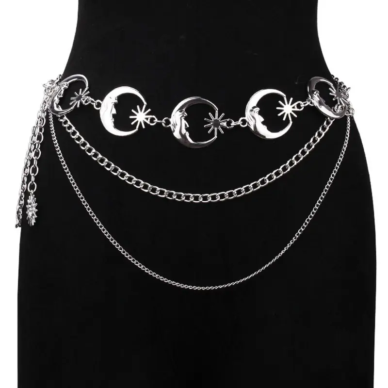 Women's Layered Metal Chain Belt, Gold‑Tone or Silver‑Tone Waist Chain Accessory with Moon and Sun Charms, Adjustable Decorative Body Jewelry for Dresses, Skirts, Parties, and Festival Outfits