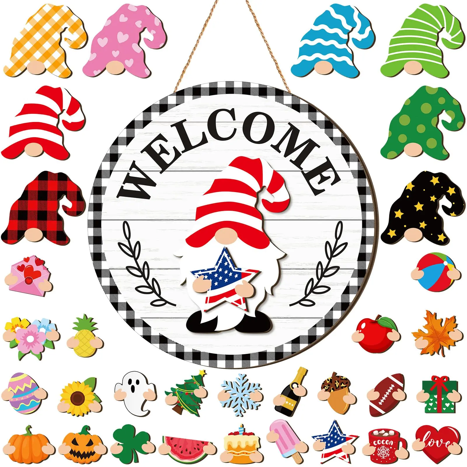 DIY Interchangeable Colorful Gnome Welcome Sign - Hand-Made Customizable Magnetic Wooden Door Decoration with 32PCS Mix-Match Accessories, Gnome Door Hanger for Home Festive Decor
