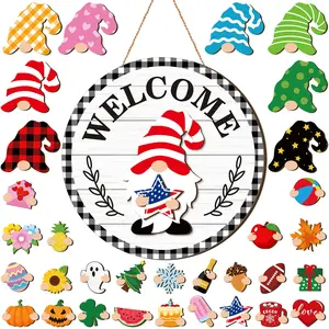 DIY Interchangeable Gnome Welcome Sign, Customizable Magnetic Wooden Door Decor with 32PCS Mix & Match Accessories
