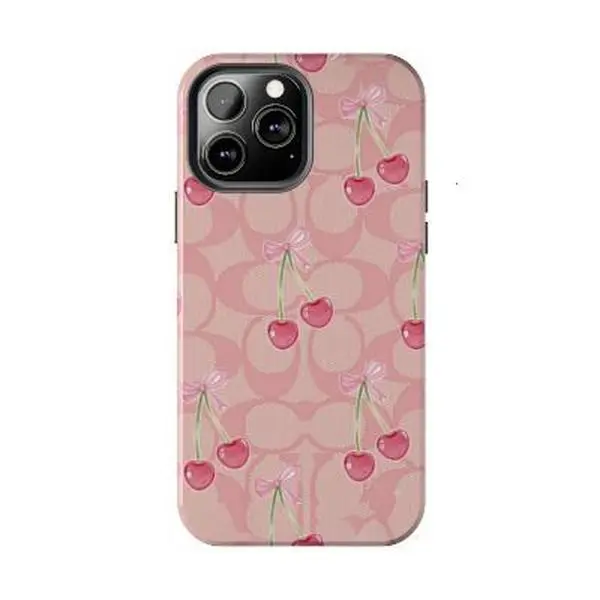 Luxury Pink Monogram Pattern Case with Cherry & Ribbon Design - Trendy Aesthetic Phone Cover for Samsung S21-S26 Ultra