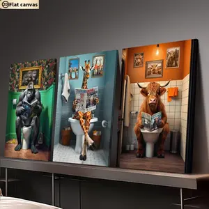 2D framed canvas painting, 3-piece set, funny print design bathroom wall decoration, animal sitting on a toilet canvas art, suitable for farmhouse, living room, bedroom, office, garage, apartment decoration, gift for friends and family