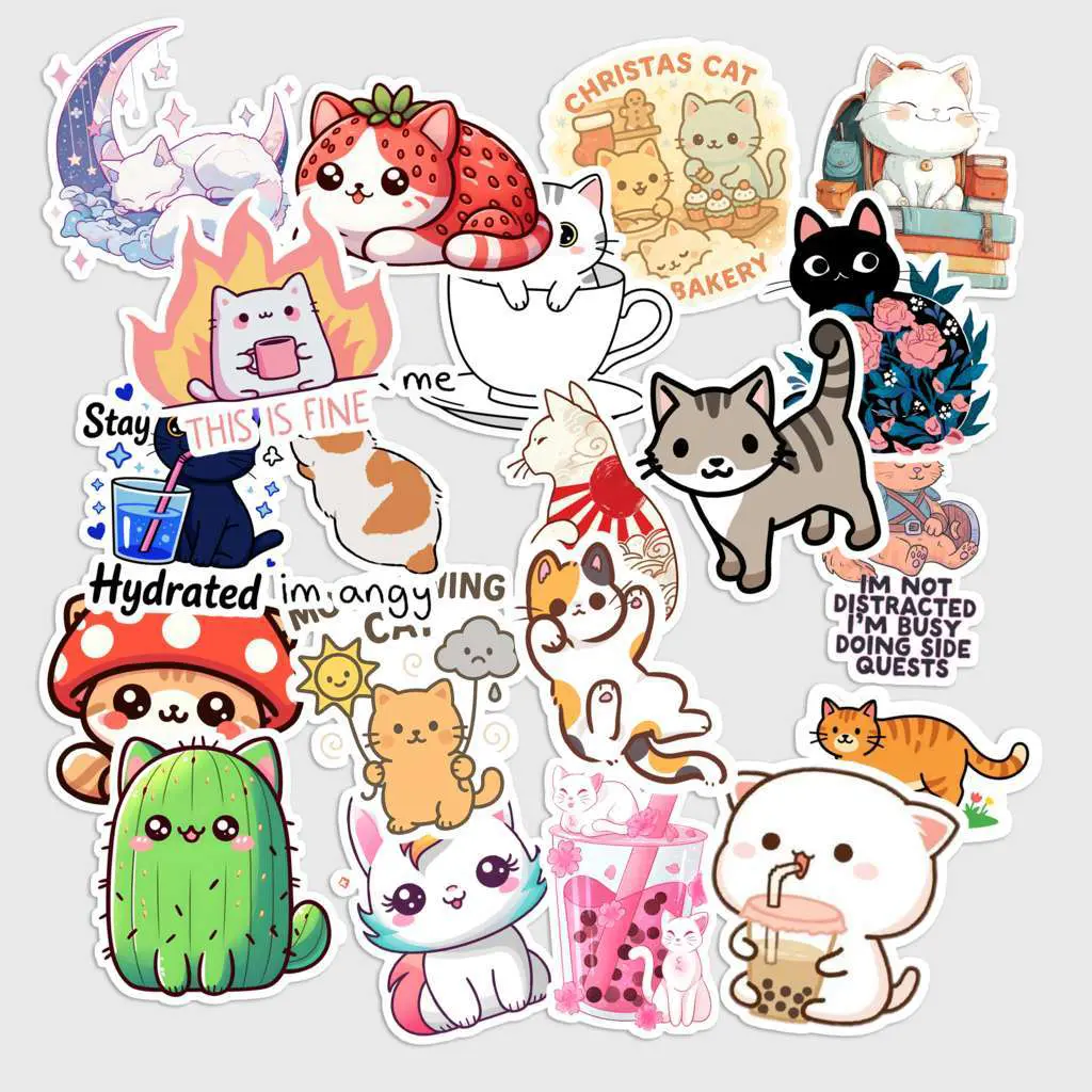 Sticker Pack 20 pcs Kawaii Cat Vinyl Stickers, Cute Kitty Waterproof Decals