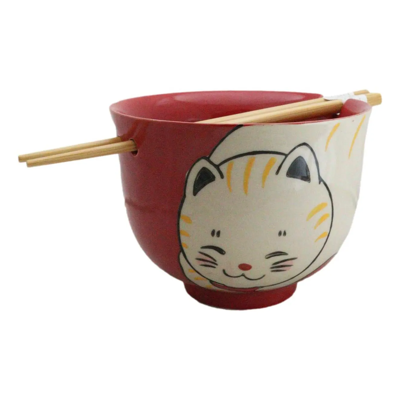 Red Cute Chubby Kitty Cat Ceramic Donburi Ramen Bowl With Chopsticks Set