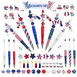 Independence Day Themed DIY Beaded Pen Set, 6/12pcs/set DIY Beaded Pen with Tassel Pendant, Creative Office Stationery for Independence Day