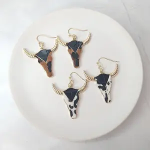 #298 Bull Head with Faux Fur, Black Faux Leather & Golden Horns Earrings, Casual, Western, Alloy