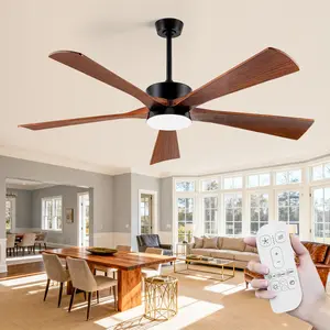 60 Inch Outdoor Ceiling Fan with Light and Remote, Damp Rated Wooden Farmhouse Solid Wood 5 Blades Ceiling Fan for Patio Porch Indoor Bedroom Gazebo,Dimmable LED High CFM Quiet Reversible Motor